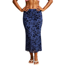 (S, Blue) Women's Long Floral Skirts Fashionable High Waisted Bodycon Going Out Fish Tail Mesh Skirt