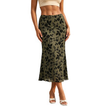 (S, Green) Women's Long Floral Skirts Fashionable High Waisted Bodycon Going Out Fish Tail Mesh Skirt