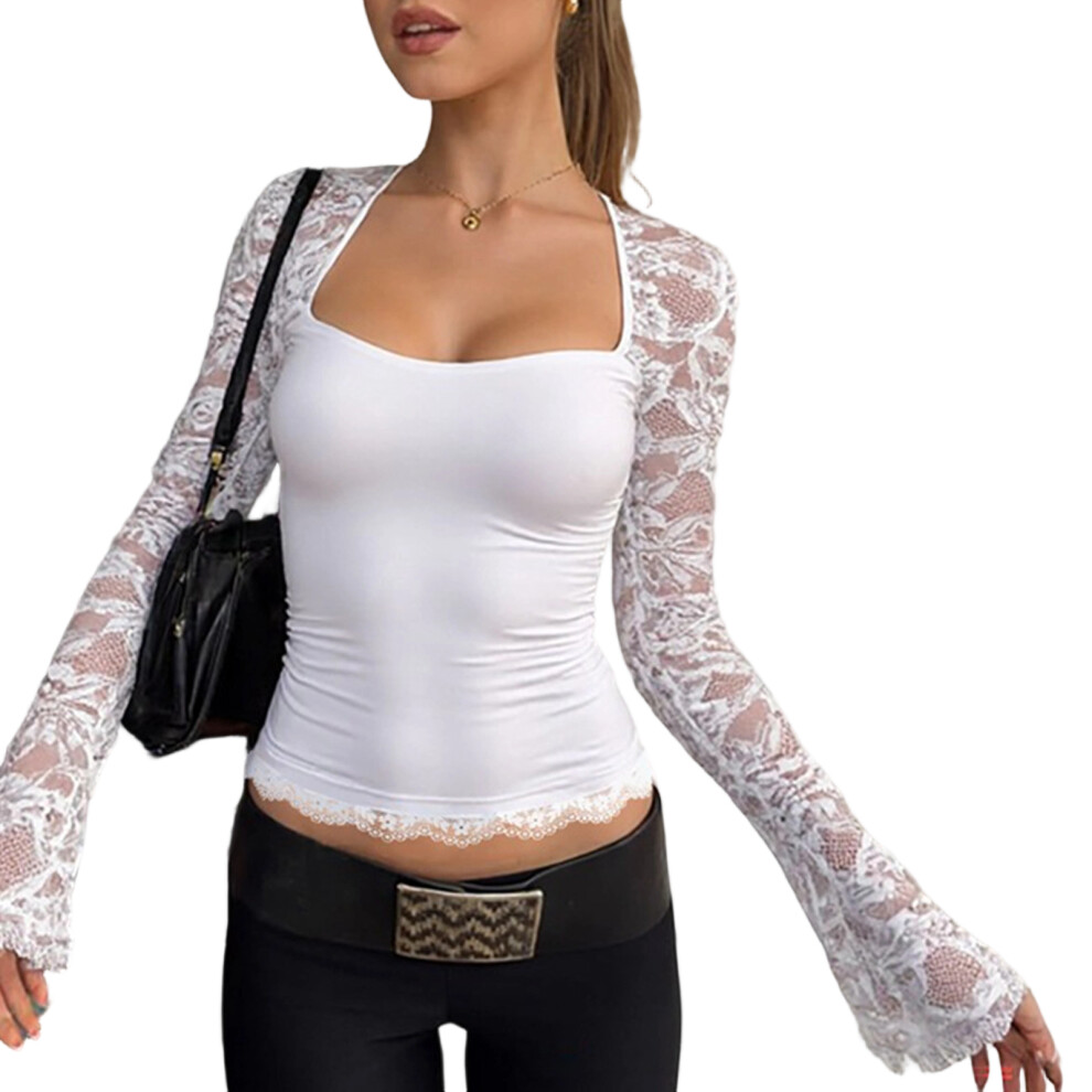 Lightweight Nylon Long Sleeve Blouse Elegant Lace Mesh-White M