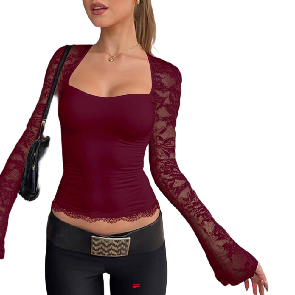 Stylish Mesh Lace Long Sleeve Top Nylon Fabric For-Burgundy S