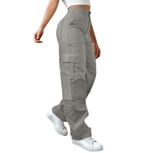 Trendy Women's Work Pants with Multiple Pockets-Light Gray XXL