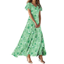 Womens Floral Maxi Dress Casual V Neck Short Sleeve-Green L
