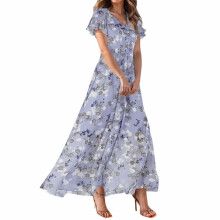 Womens Floral Maxi Dress Casual V Neck Short Sleeve-Purple XXL