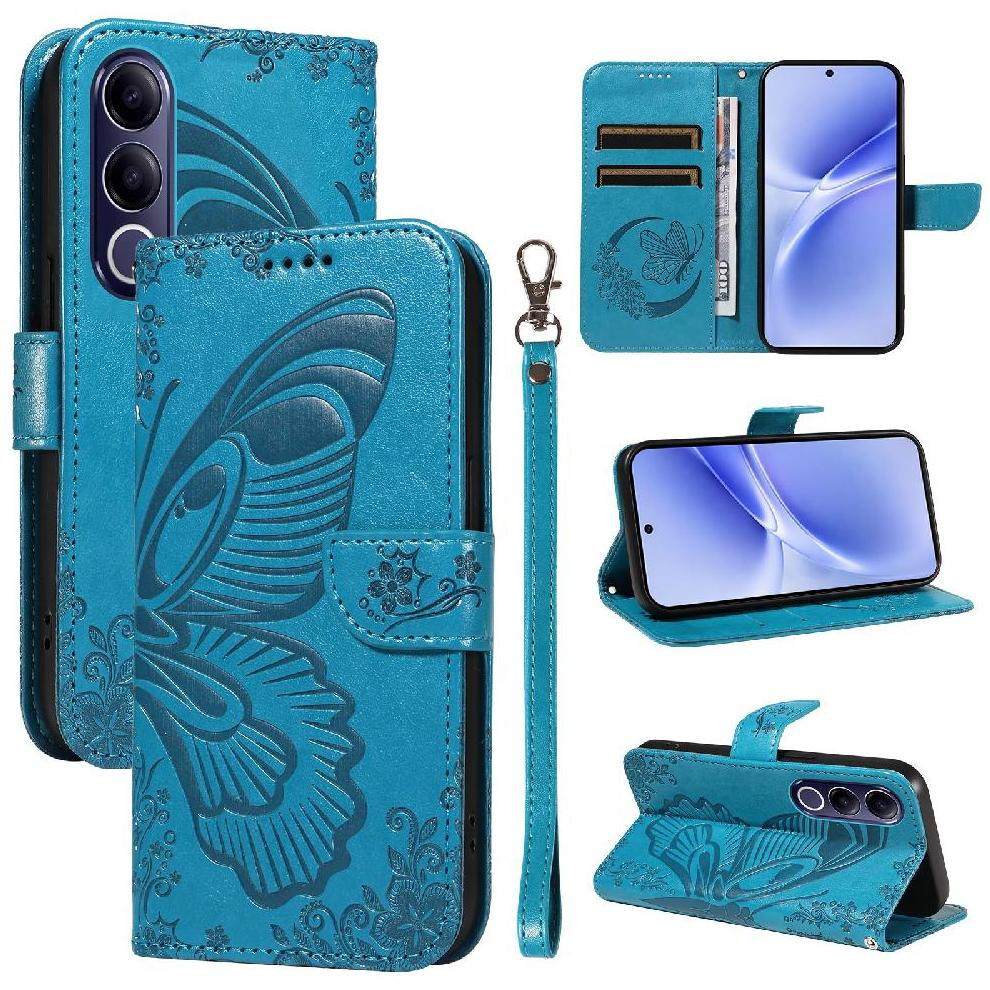 Flip Case For Vivo V70 Fe Detachable Hand Strap Embossed Butterfly High Quality Leather With Credit Card Slot 764563386253