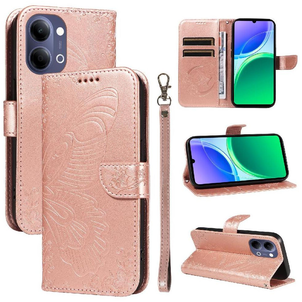 Flip Case For Vivo Y05 4G High Quality Leather With Credit Card Slot Detachable Hand Strap Embossed Butterfly 764563386321