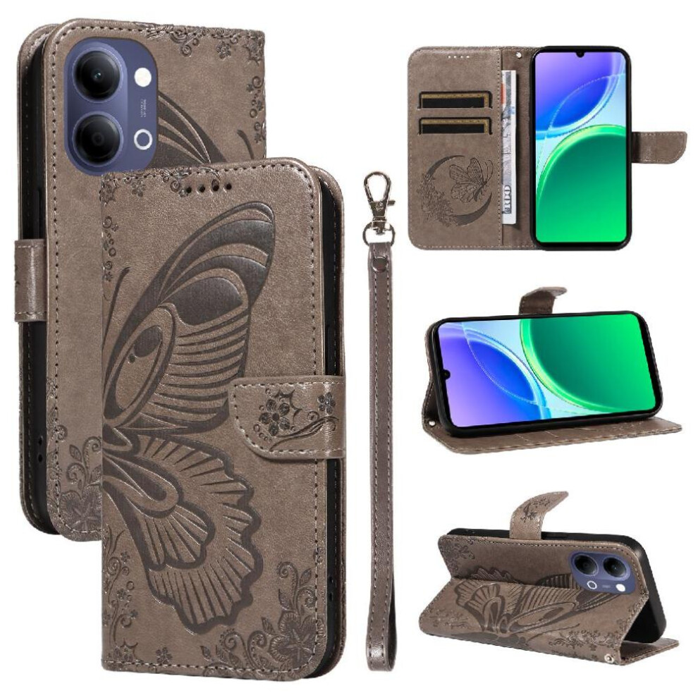 Flip Case For Vivo Y05 4G High Quality Leather With Credit Card Slot Detachable Hand Strap Embossed Butterfly 764563386376