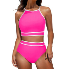 Badpak voor dames 2-delige buikcontrole hoge hals-roze rood XXL