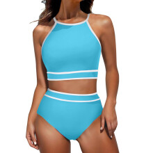 Badpak voor dames 2-delige buikcontrole hoge hals-meerblauw S