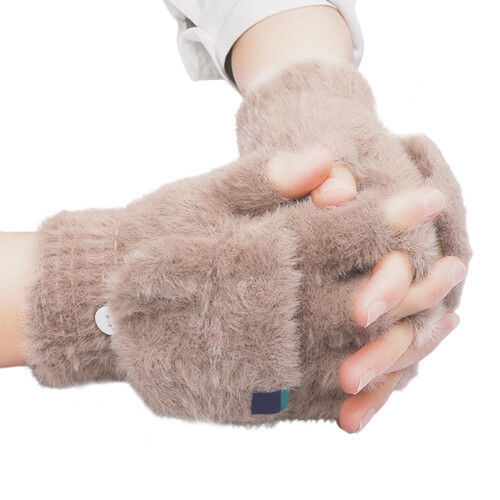 Winter Gloves With Expose Fingertips Soft Plush Half-khaki
