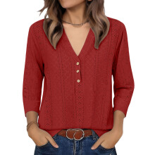 Damen-T-Shirts, halbe Ärmel, V-Ausschnitt, Baumwolle-Rot XXXL