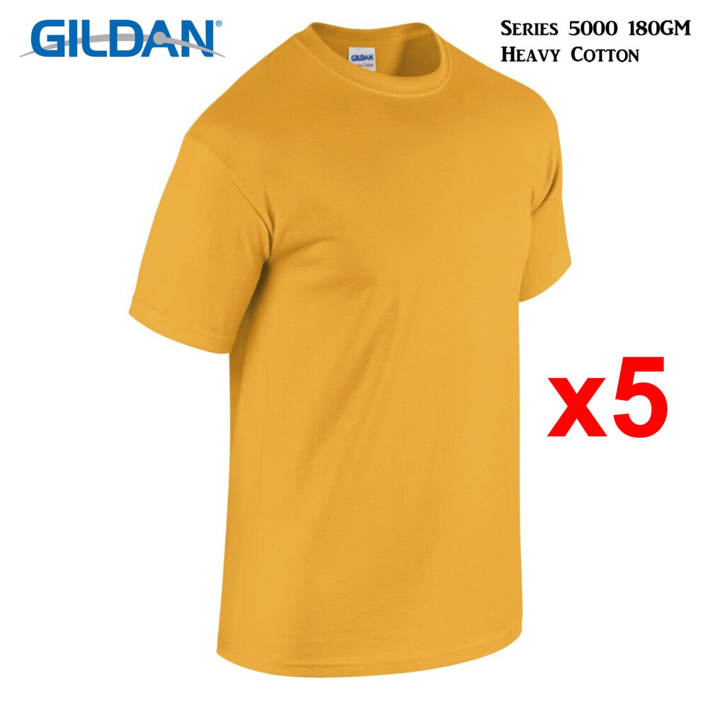 Gildan (M) 5 Packs T-Shirt Blank Plain Basic Tee Men Heavy Cotton (Gold) Gold