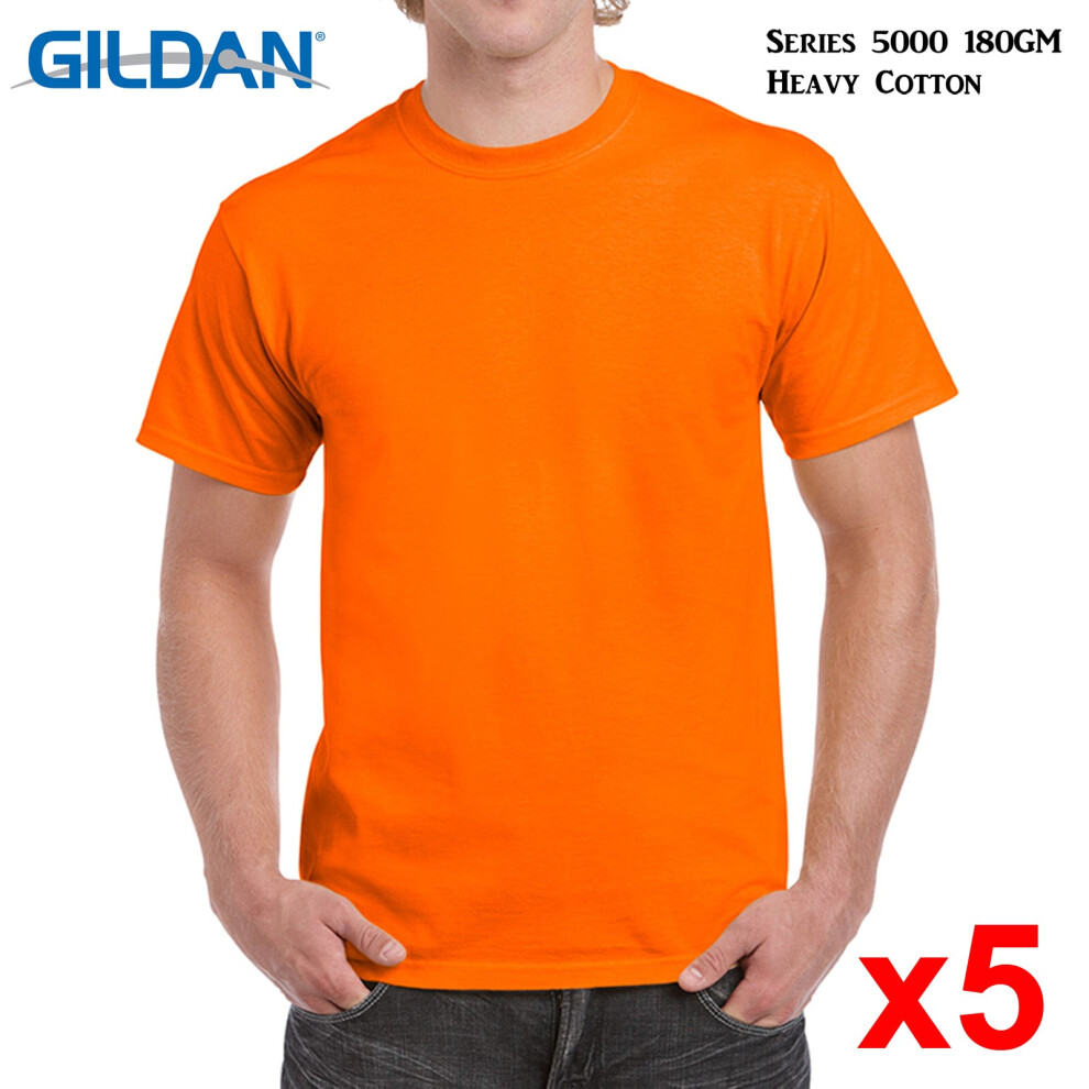 Gildan (M) 5 Packs T-Shirt Blank Plain Basic Tee Men Heavy Cotton (Safety ) Orange
