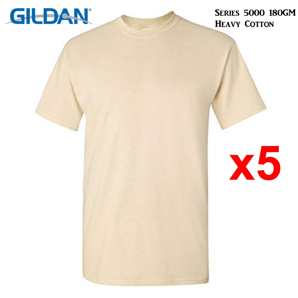 Gildan (M) 5 Packs T-Shirt Blank Plain Basic Tee Heavy Cotton (Sand) White