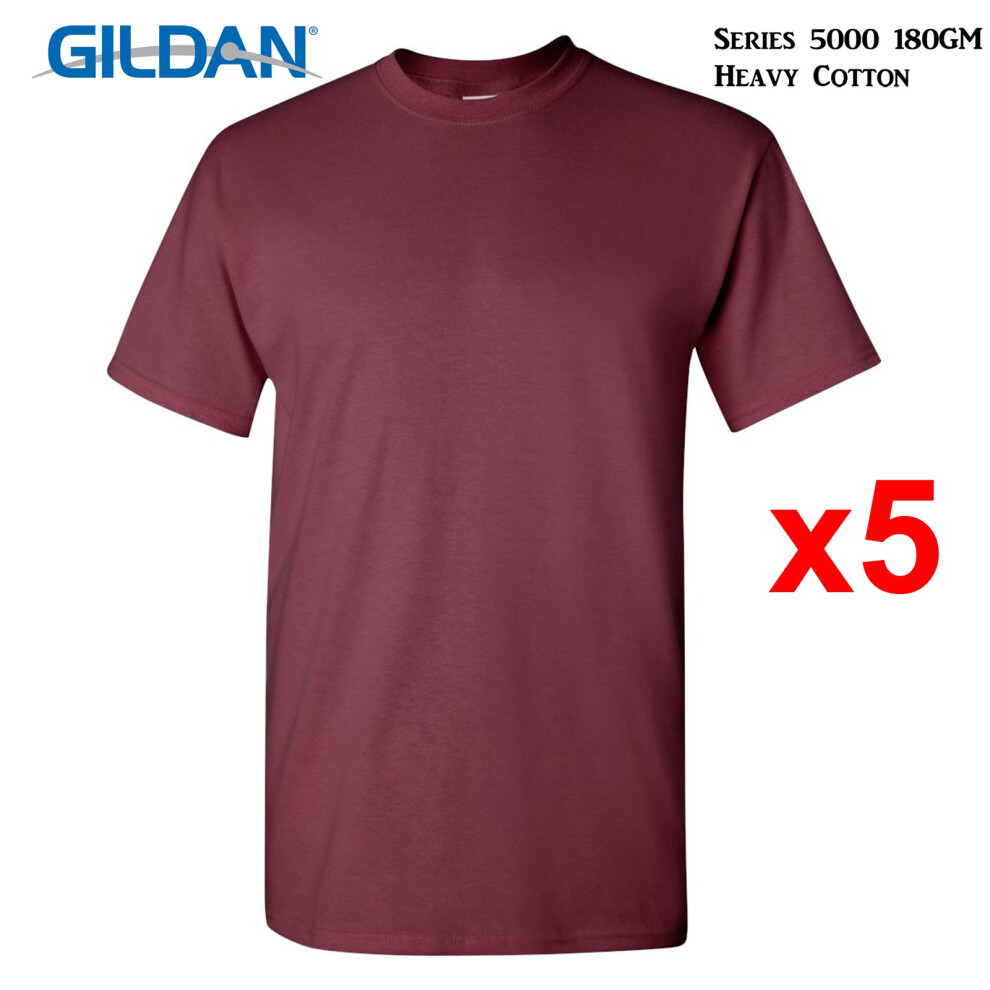 Gildan (Xl) 5 Packs T-Shirt Blank Plain Basic Tee Men Heavy Cotton (Maroon) Red