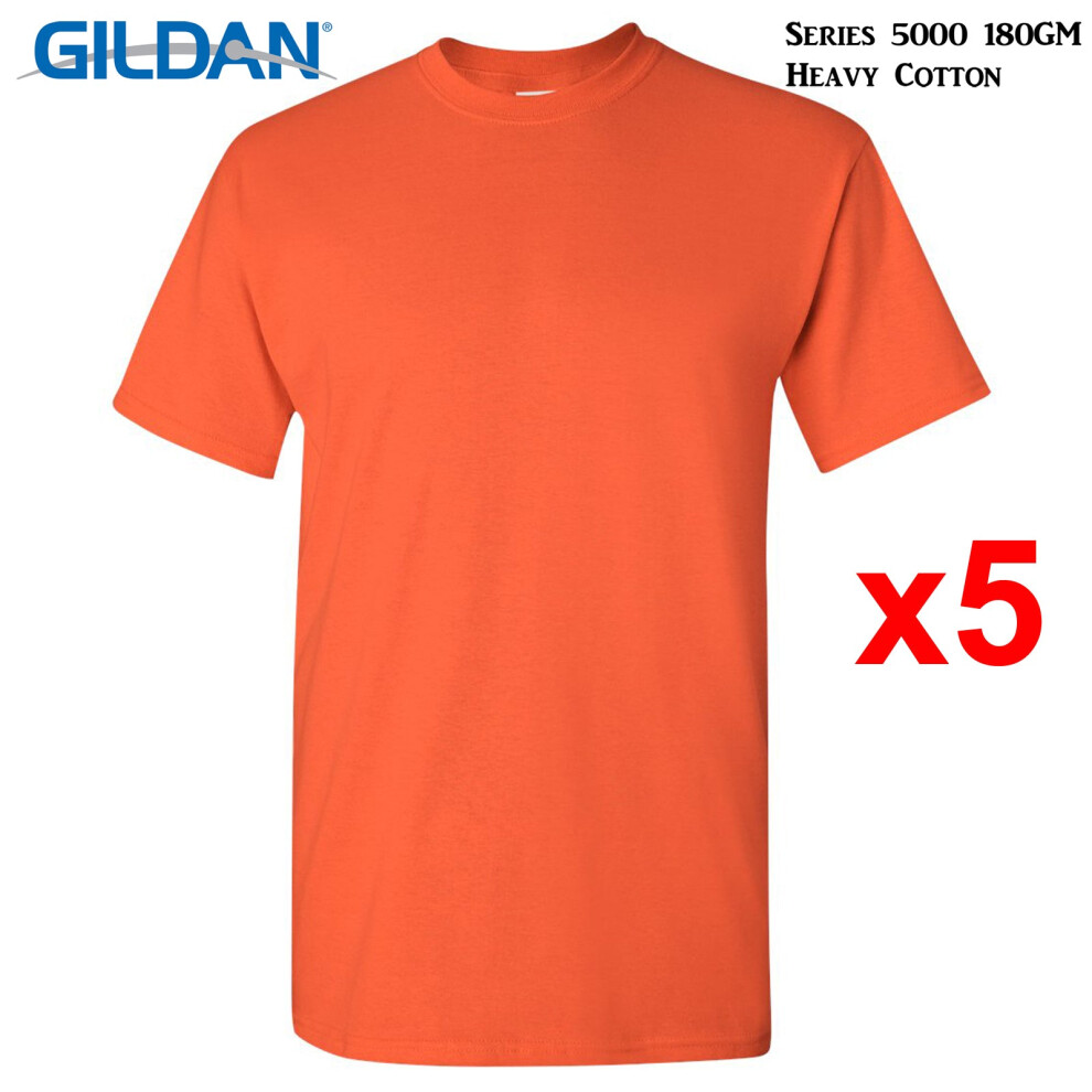 Gildan (S) 5 Packs T-Shirt Blank Plain Basic Tee Men Heavy Cotton (Orange) Orange