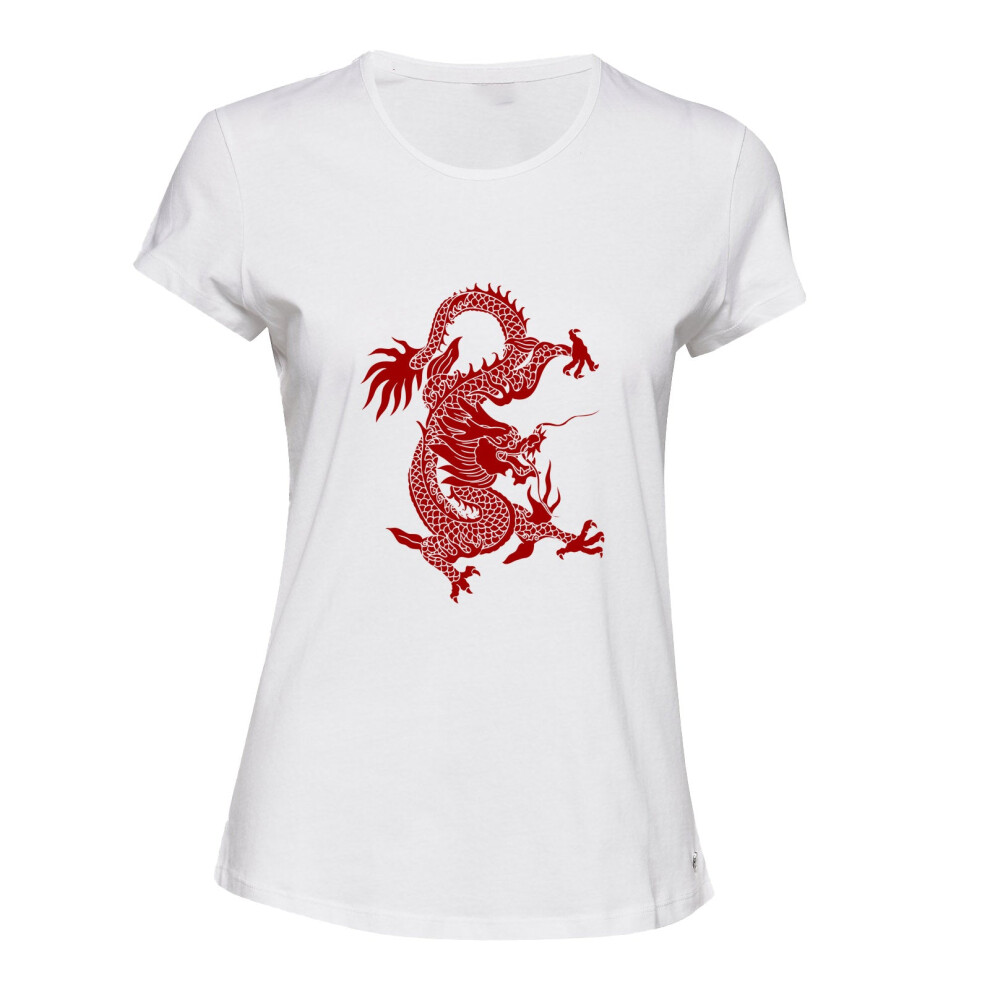 Gildan (S) Aesthetic Red Chinese Dragon Firedrake White Female Ladies Women T Shirt Tee Top White,Red