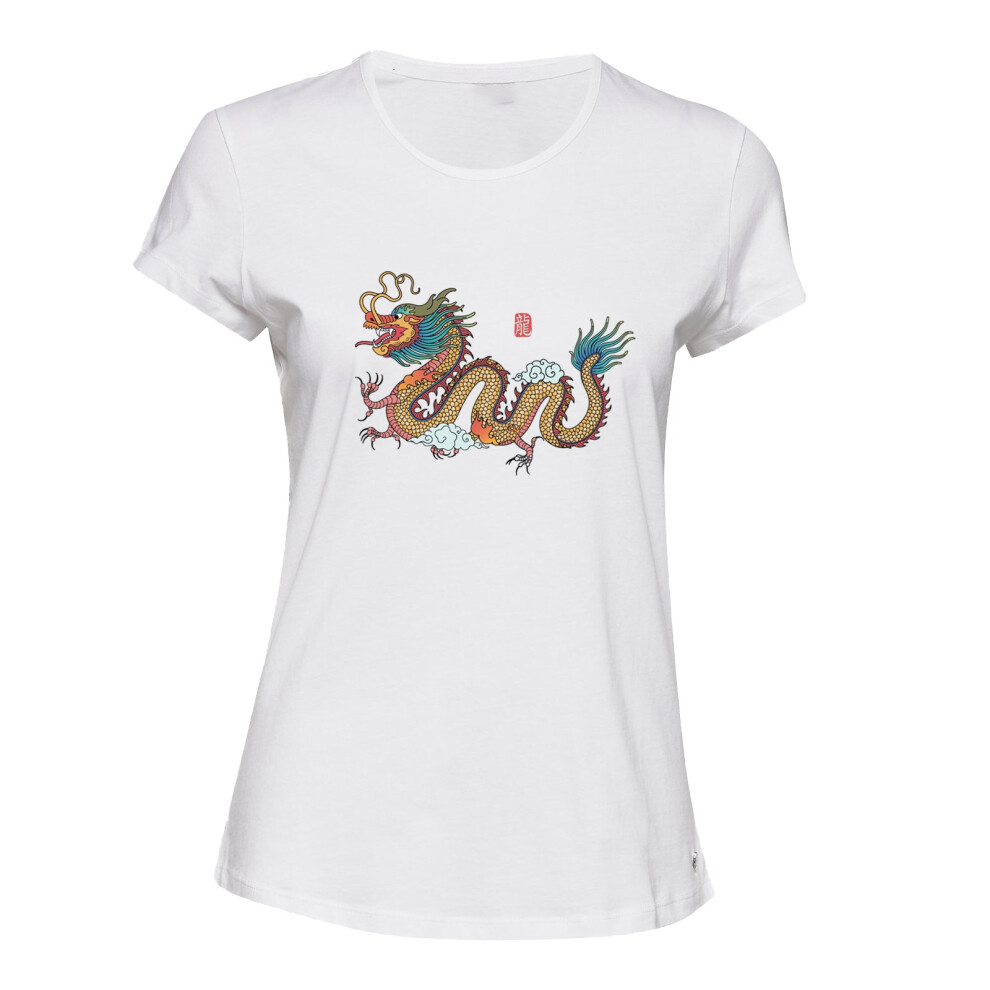 Gildan (S) Chinese Dragon Symbol Of Power Female Ladies Women T Shirt Tee Top White