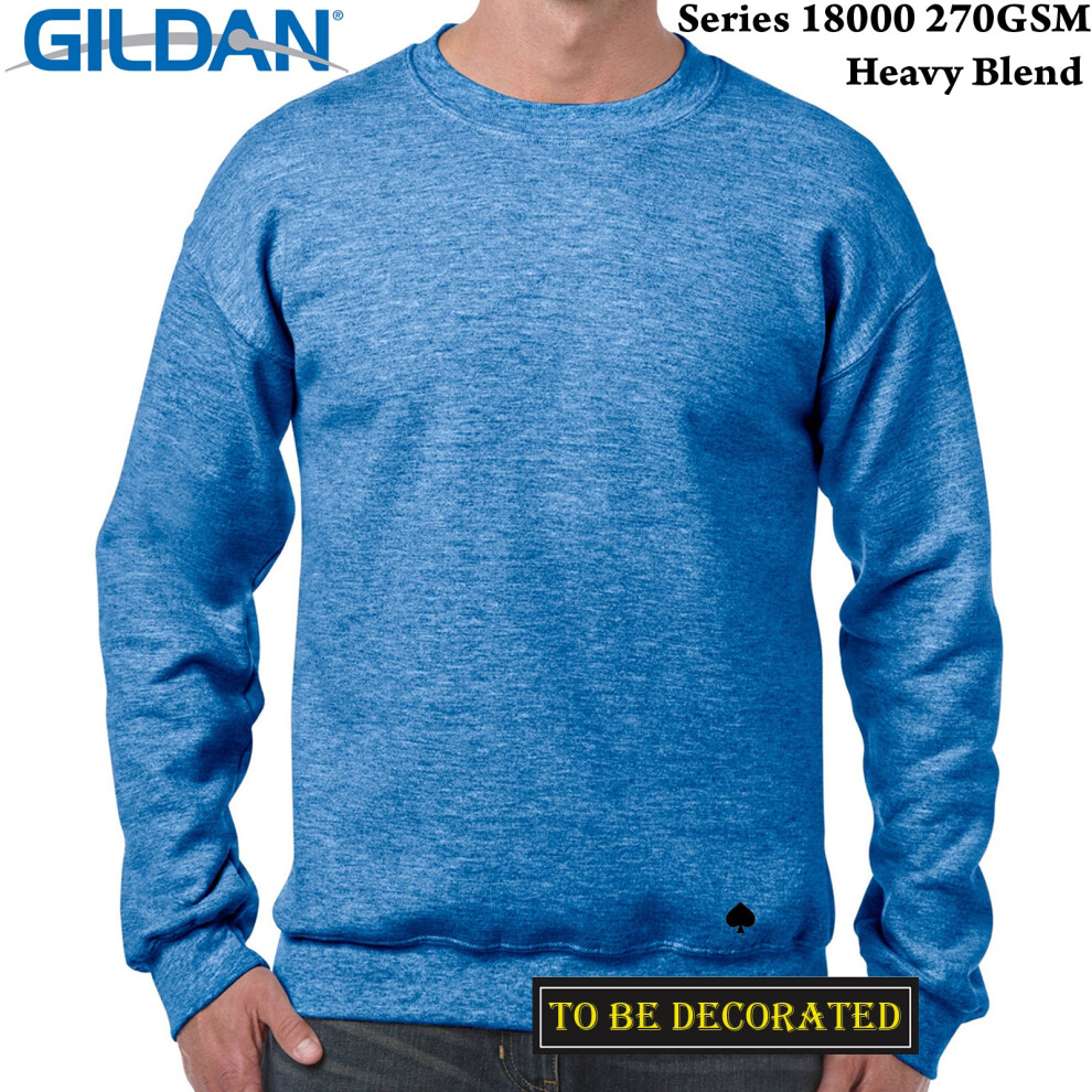 Gildan (S) Heather Sport Royal Heavy Sweat Sweater Jumper Sweatshirt Men White