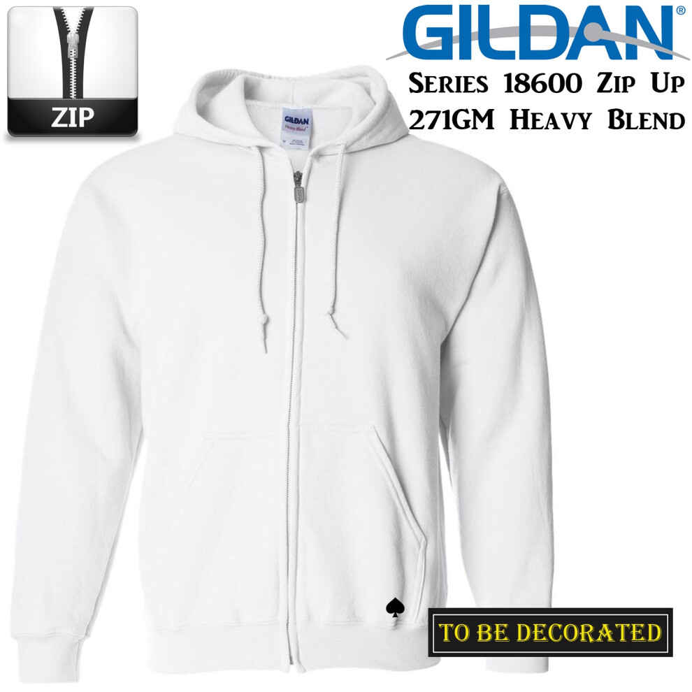 Gildan (M) Zip Up Hoodie Heavy Blend Basic Hooded Sweatshirt Sweater Men White