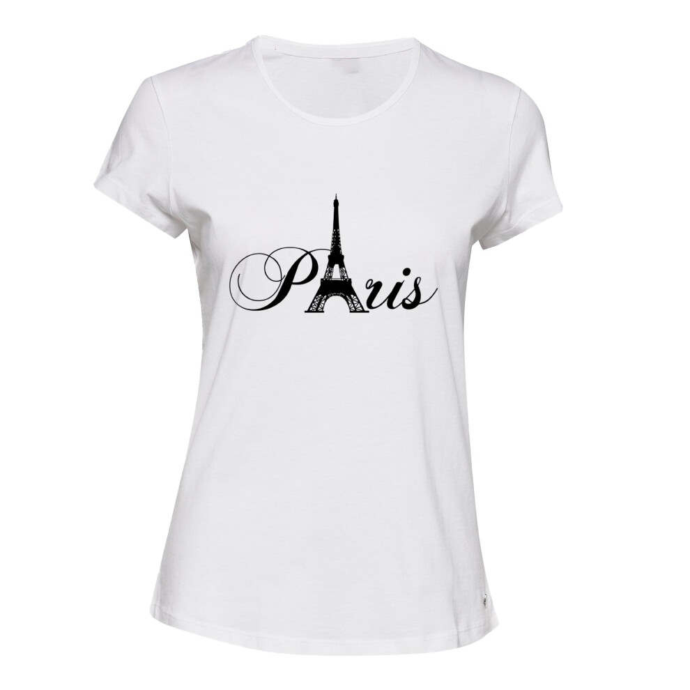 Gildan (White, L) Paris Black Silhouette Eiffel Tower France Art Ladies Women T Shirt Tee Top White,Black