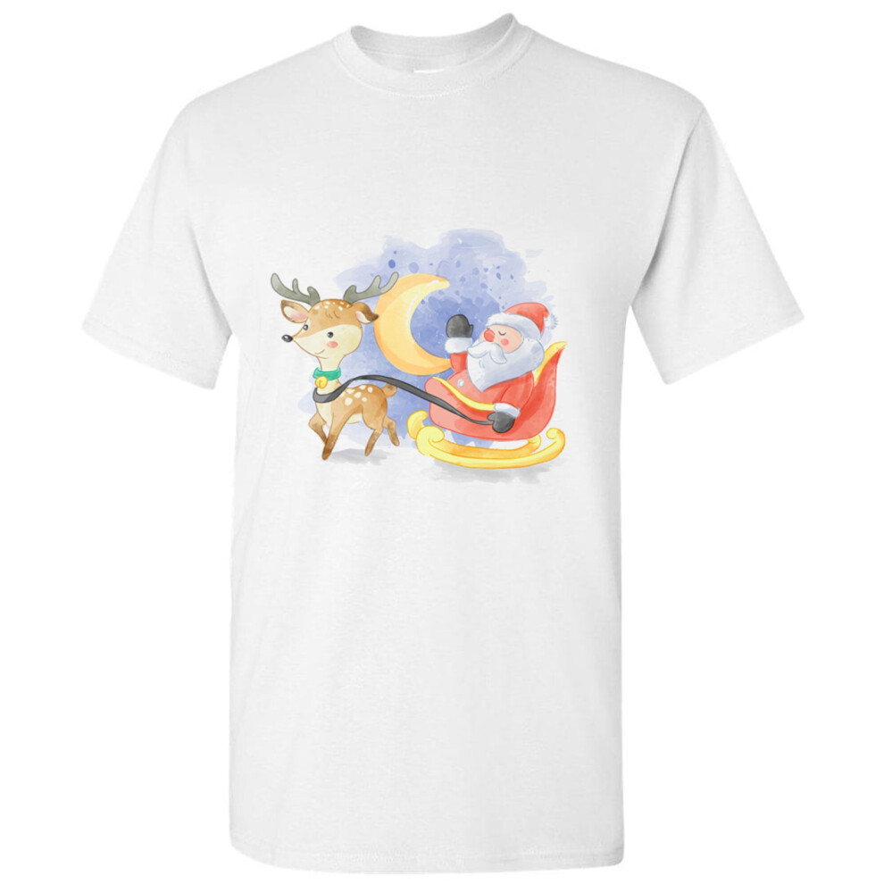 Gildan (S) Santa Claus Reindeer Sleigh Christmas Cartoon Art Men T Shirt Tee Top White