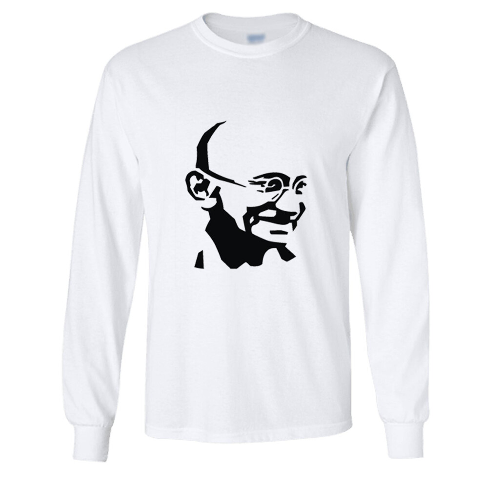 Gildan (5Xl) Mahatma Gandhi Hindi Indian Mens Long Sleeve T-Shirt Basic Tee Top White