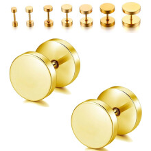 (12 mm) Pair Gold Flat Round Barbell Plug Stud Earrings 316 Stainless Steel Mens Unisex