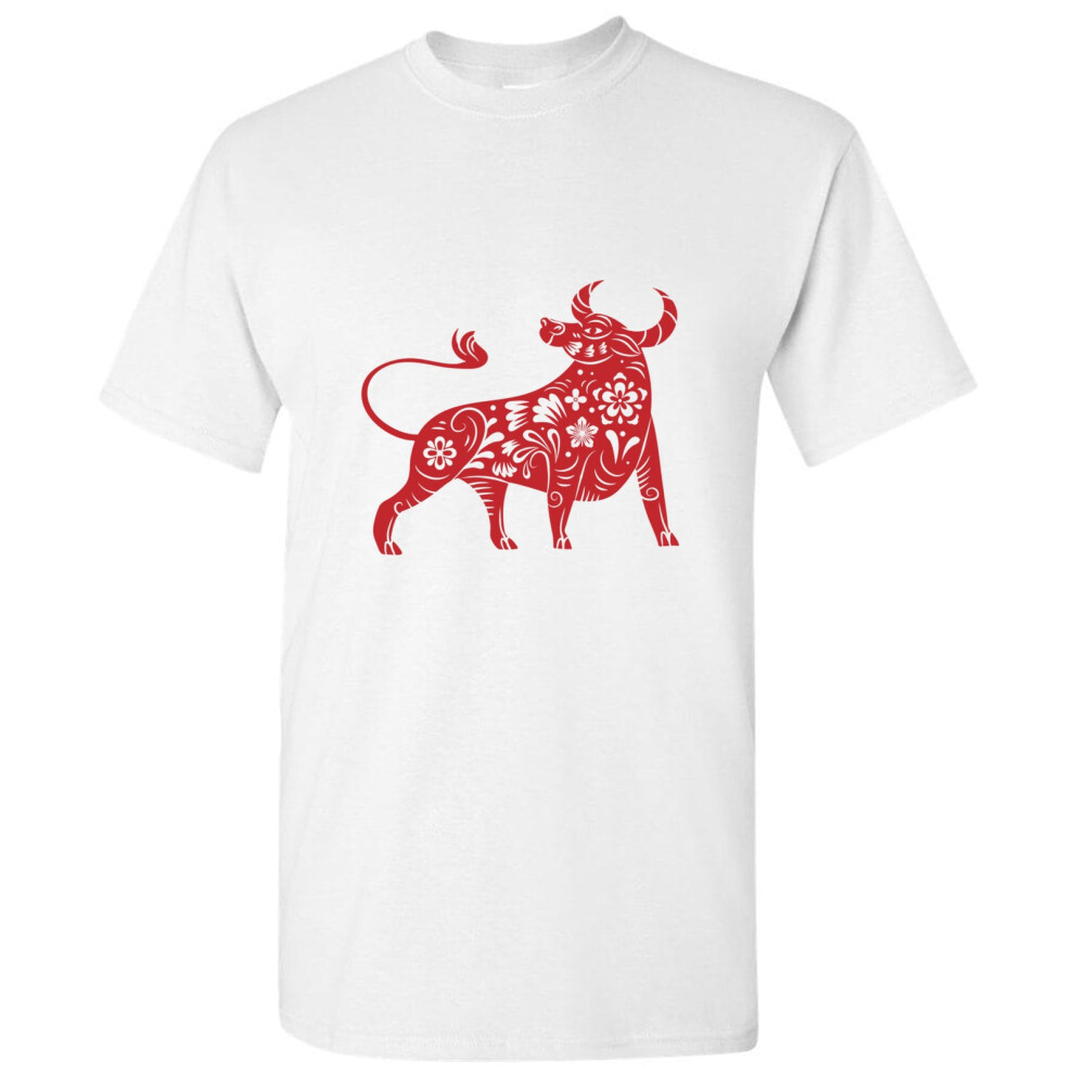 Gildan (L) Chinese Zodiac Shengxiao New Year Of The Ox Bull Cow White Men T Shirt Tee Top