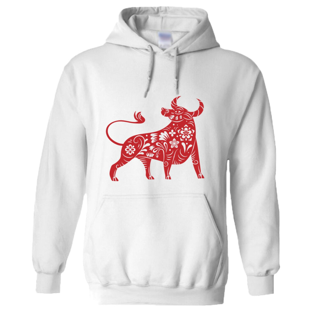 Gildan (S) Chinese Zodiac Shengxiao New Year Ox Bull Cow White Hoodie Mens Hooded Sweater