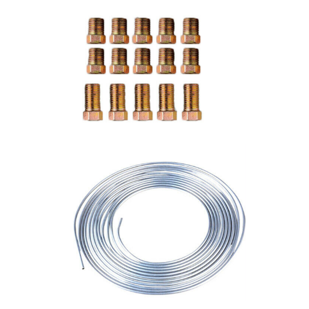 25Ft Coil Roll 3/16" Od Steel Zinc Brake Line Fuel Tubing Kit 15 Nuts Fittings 9360159099791