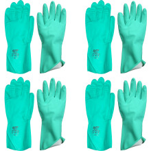 (L) 4 Pair Safetyware Chemical Resistant Flocklined Nitrile Safety Work Gloves Bulk 15mil Thick Green for Cleaning Oil Dishwashing Kitchen Mechanic