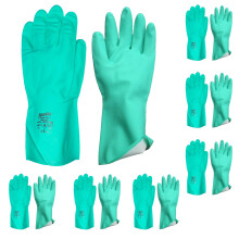 (S) 6 Pair Safetyware Chemical Resistant Flocklined Nitrile Safety Work Gloves Bulk 15mil Thick Green for Cleaning Oil Dishwashing Kitchen Mechanic