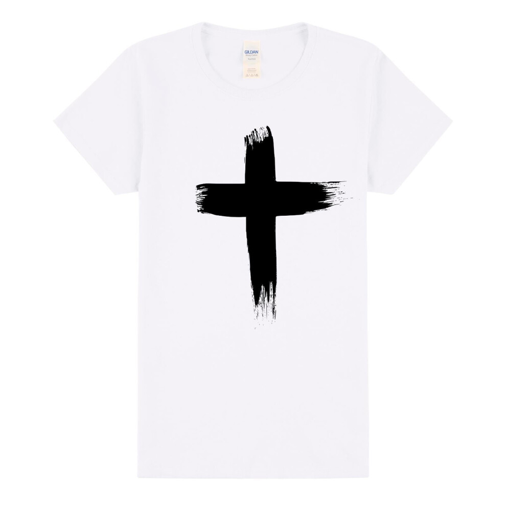Gildan (M) Faith Jesus Cross Christian Religion Ladies Womens White T-Shirt Tee Tops