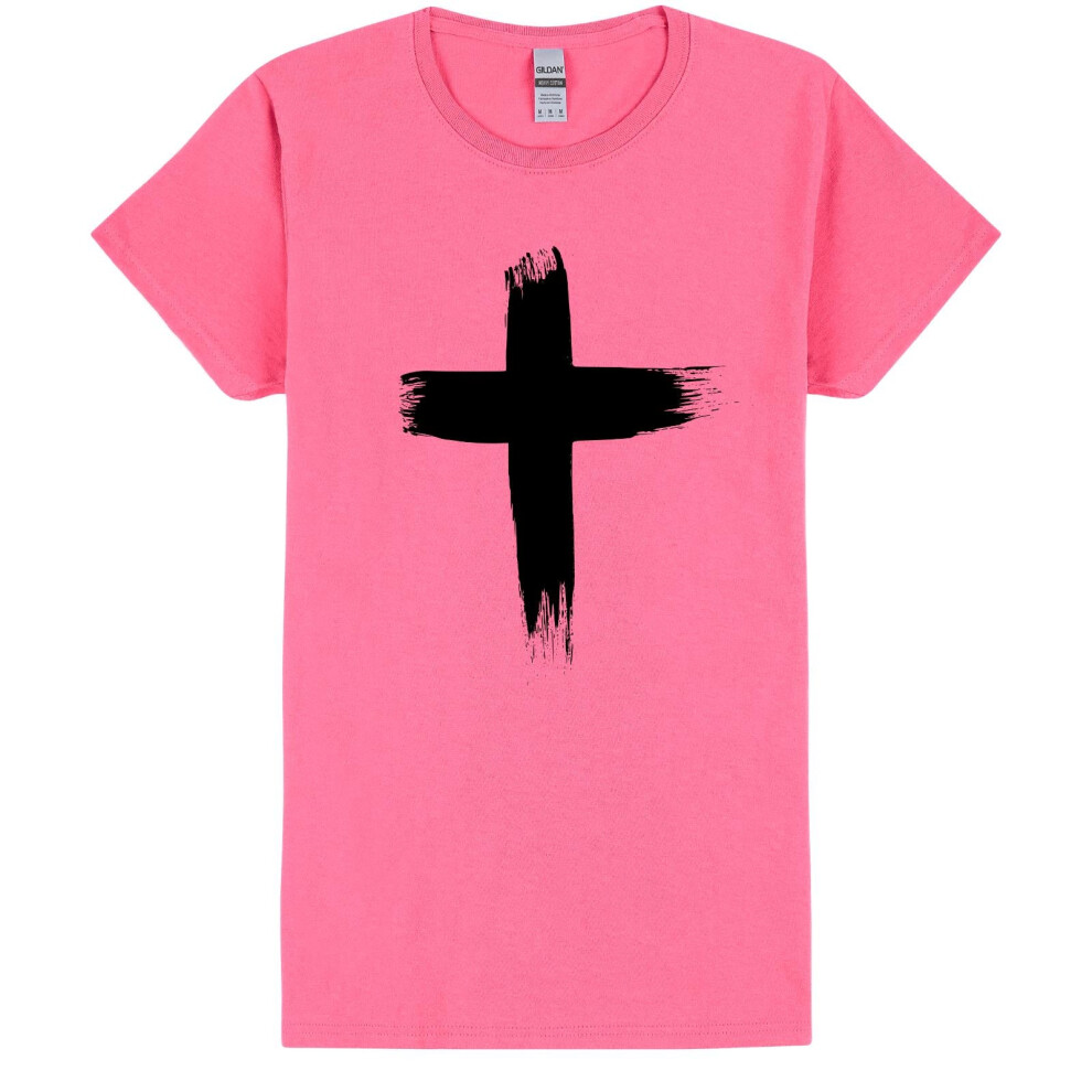 Gildan (L) Faith Jesus Cross Christian Religion Ladies Womens Pink T-Shirt Tee Tops