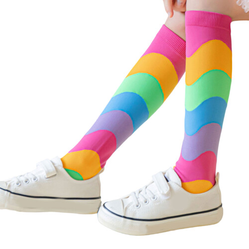 Durable Rainbow Striped Calf Socks Soft Comfortable-Pink
