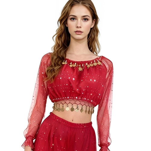 Professional Women's Belly Dance Top with Sequins and-Red os