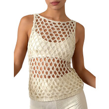 (S, Ivory) Women's Cutout Out Tank Tops Sleeveless Knit Boat Neck Backless Crochet Summer Sweater Vest