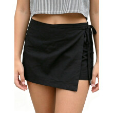 (S, Black) Women's Summer Wrap Skort Casual Stylish Solid Color Self-tie Bow Built-in Shorts Mid Rise Mini Skirt
