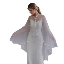 Delicate Tulle Pearls Bridal Cape For Weddings Formal-White