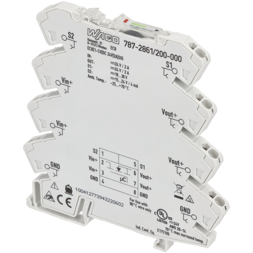 Wago 787-2861/200-000 Single Channel 24Vdc 2.0A Electronic Circuit Breaker 4055143533584