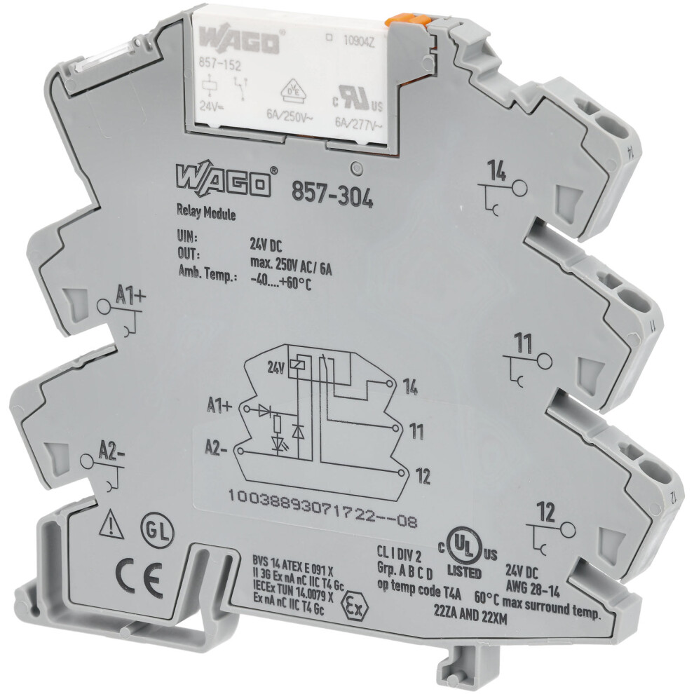 Wago 857-304 24Vdc 6A Spdt-Co Din Rail Mountable Relay Module Yellow 4050821797807