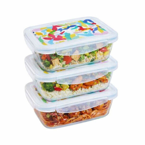 Pyrex Lunch box - PYREX - Set of 3 glass containers - Rectangular - Airtight lid - Abstract design - 0.80 L