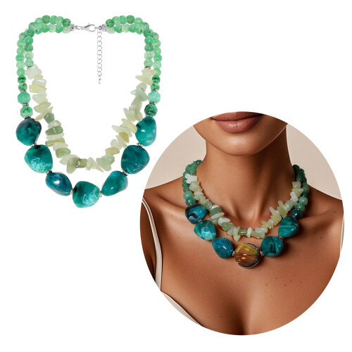 Collier de perles vertes superposées artistiques, chaîne de cou, 1