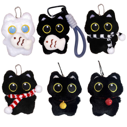 Porte-clés en peluche chaton noir doux, pendentif,-Style2 1