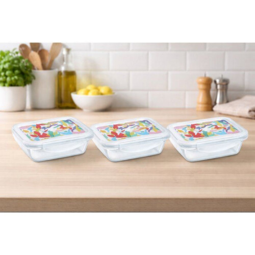Pyrex Lunch box - PYREX - Set of 3 glass containers - Rectangular - Airtight lid - Abstract design - 0.80 L 1
