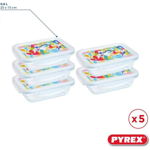 Pyrex Lunch box - PYREX - Set of 5 glass containers - Rectangular - Airtight lid - Abstract design - 0.80 L 1