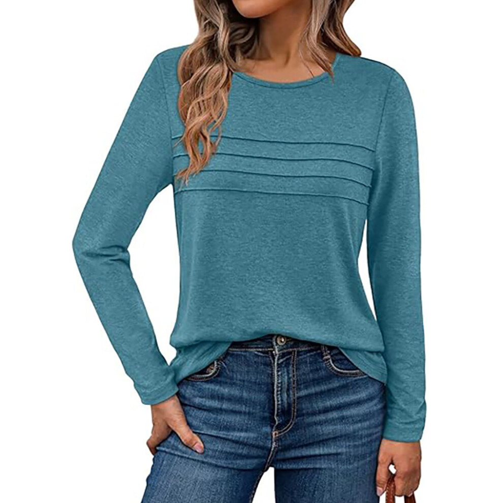 Blue Women's Long-Sleeved Shirt, Casual Round Neck, Basic- Xxl