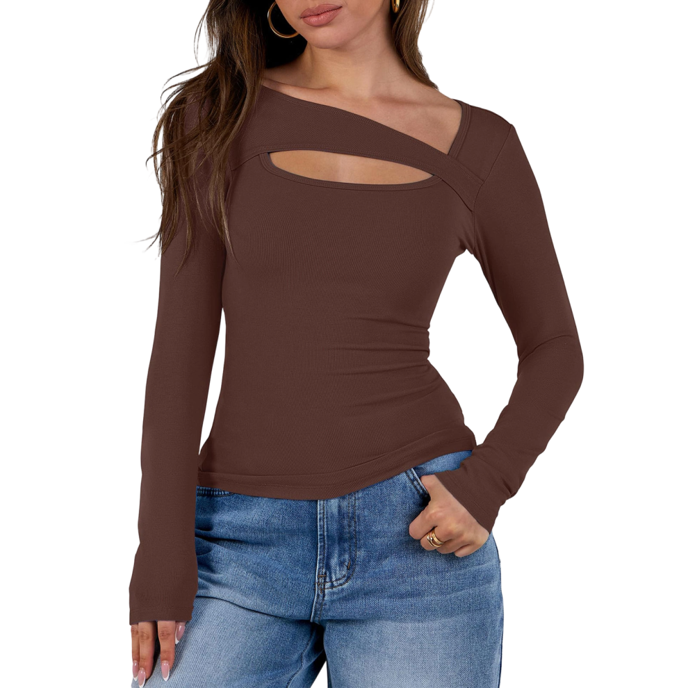 Women's openwork top, fashionable and sexy long-sleeved-Brown S