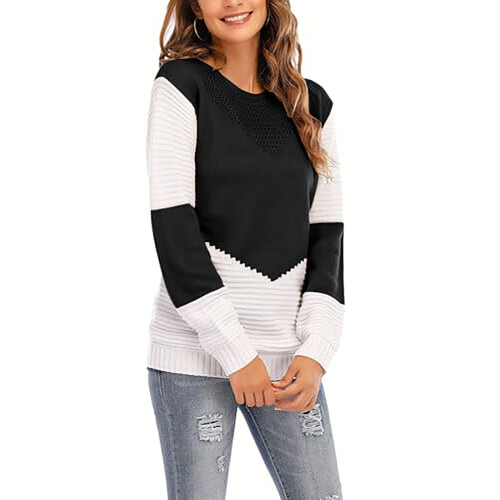 Women's Color Block Pullover Sweaters Long Sleeve-Black XXL