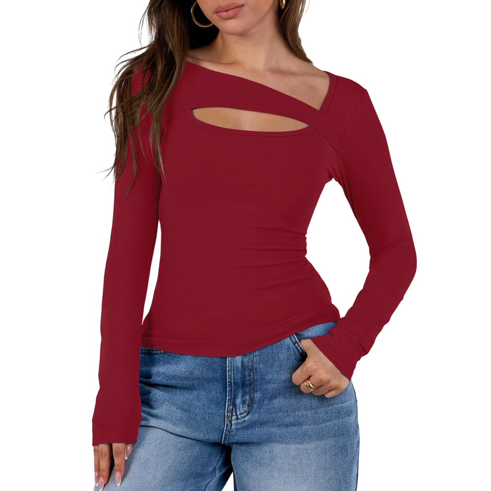 Women's openwork top, fashionable and sexy long-sleeved-Red S